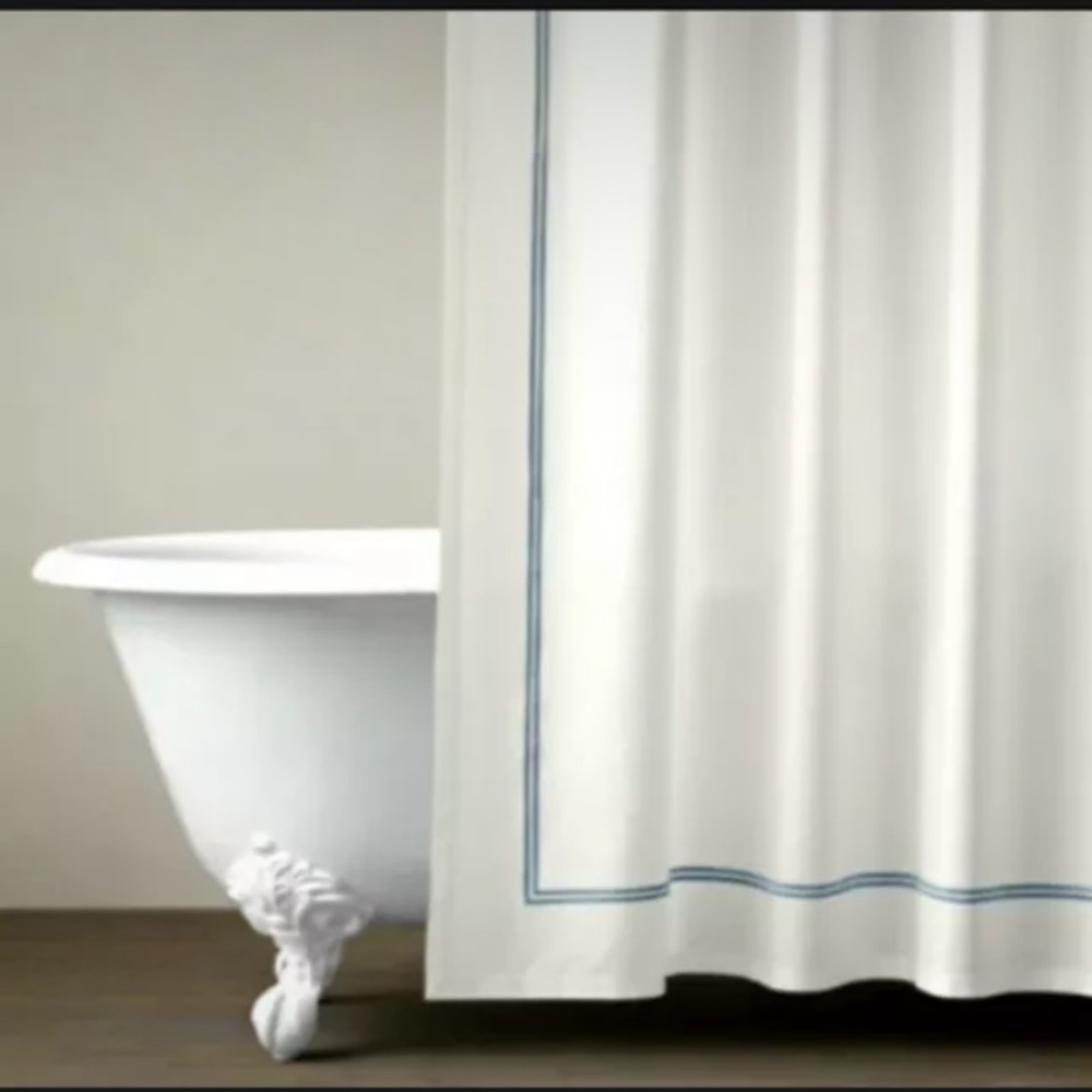 Restoration Hardware White Shower Curtain with Blue Trim